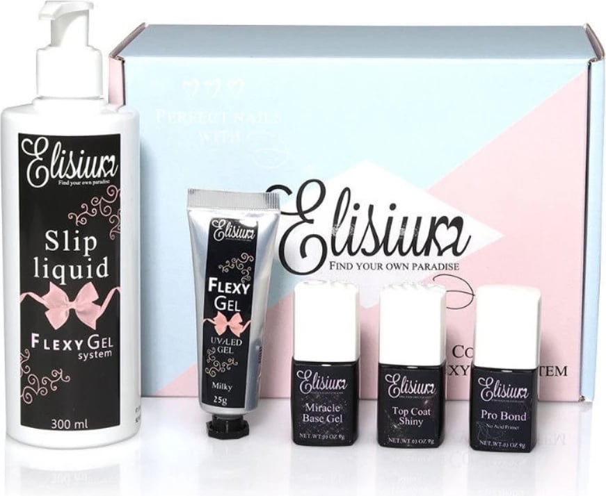 Set për manikyr hibrid Elisium Starter Kit Pro Bond Miracle Base Gel FlexyGel Milky Slip Liquid Top Coat Shiny, 5 copë, Milky