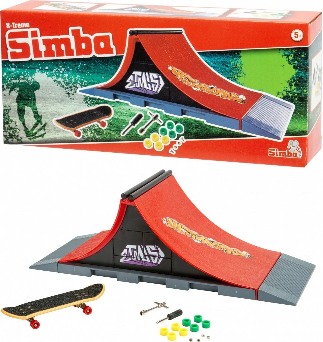 Set mini skateboard me rampë Simba X-Treme, për fëmijë, me aksesorë, shumëngjyrëshe
