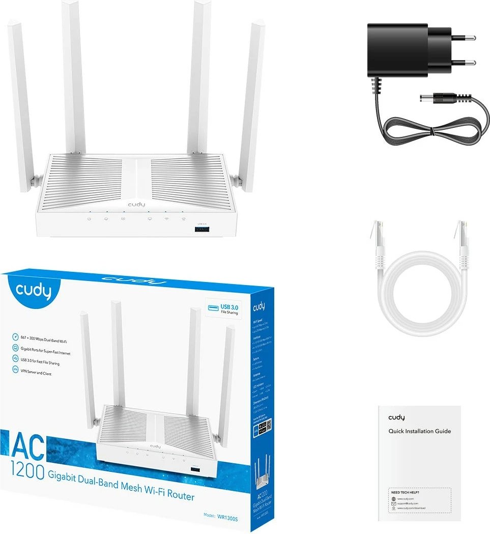 Ruter Wi‑Fi mesh Cudy WR1300S AC1200 gigabit 5x RJ45 USB 3.0 4x antena 5 dBi, i bardhë
