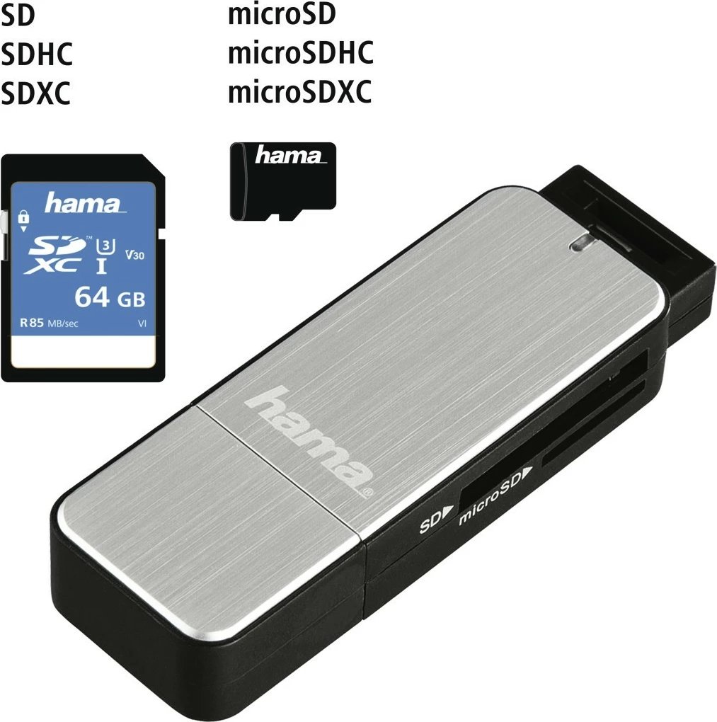 Lexues kartelash Hama 123900 SD/microSD USB 3.0, Argjendtë e Zi