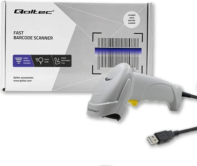 Skaner barkodash Qoltec 50877, Laser 1D, USB, Bardhë