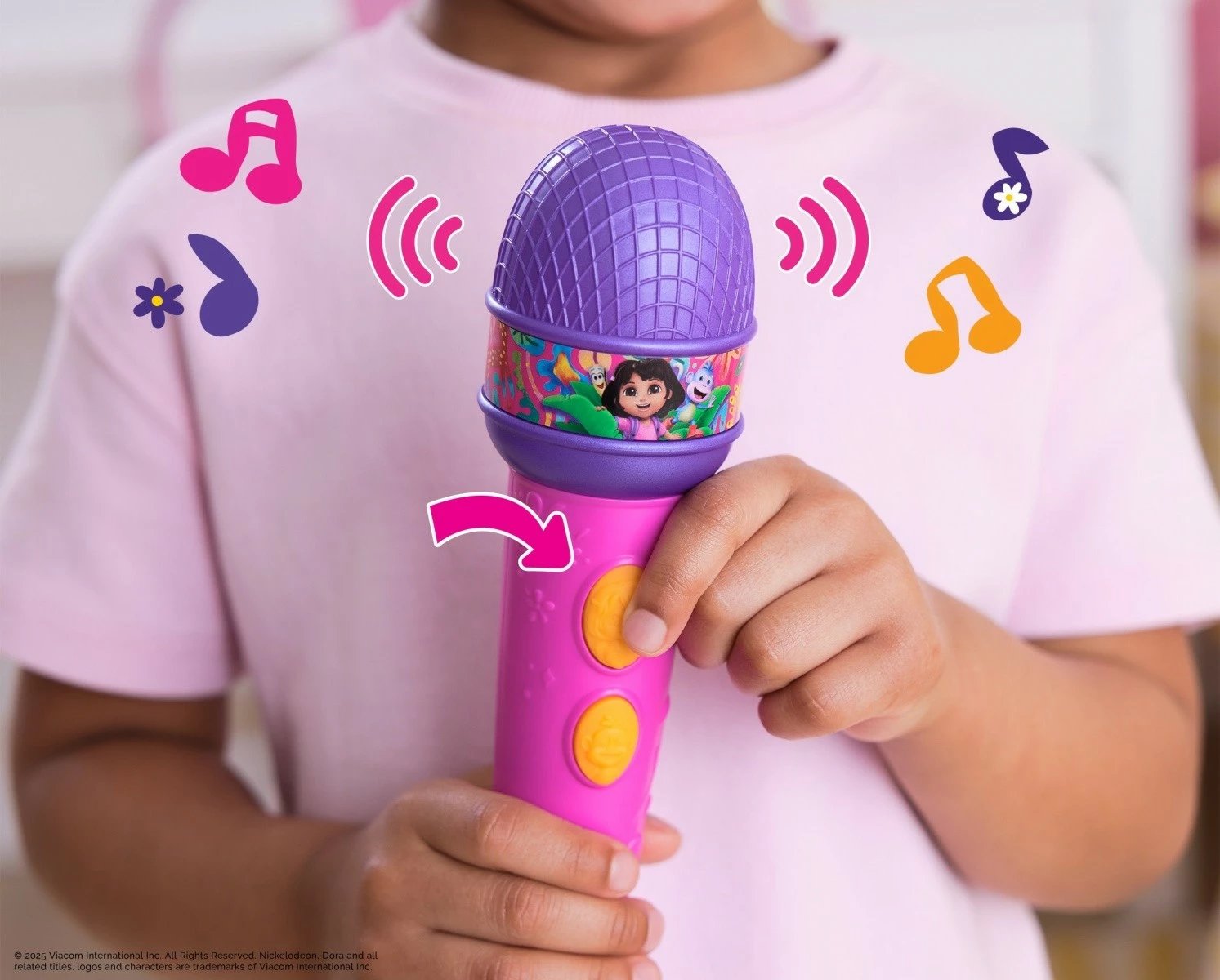 Mikrofon lodër Dora Spin Master 6074991, 19.5 cm, 5 këngë & fraza dygjuhëshe, me bateri, rozë/vjollcë