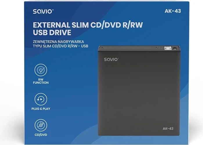 Disk i jashtëm optik Savio AK-43, DVD±R/RW, CD±R/RW i zi