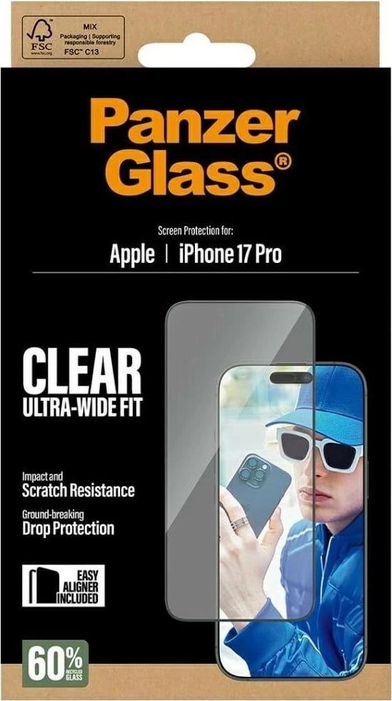 Mbështjellës xhami PanzerGlass Ultra-Wide Fit për iPhone 17 Pro/Pro Max transparent