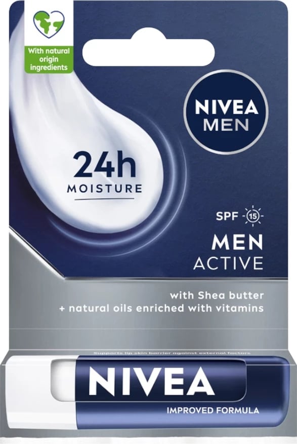 Balsam për buzë për meshkuj Nivea Men Active SPF15, 4.8g