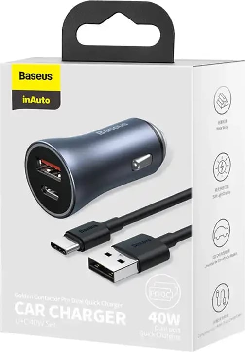 Karikues veture Baseus Golden Contactor Pro, 40W, USB + USB-C, QC4.0+, PD, SCP, gri + kabllo USB në USB-C 1m, i zi