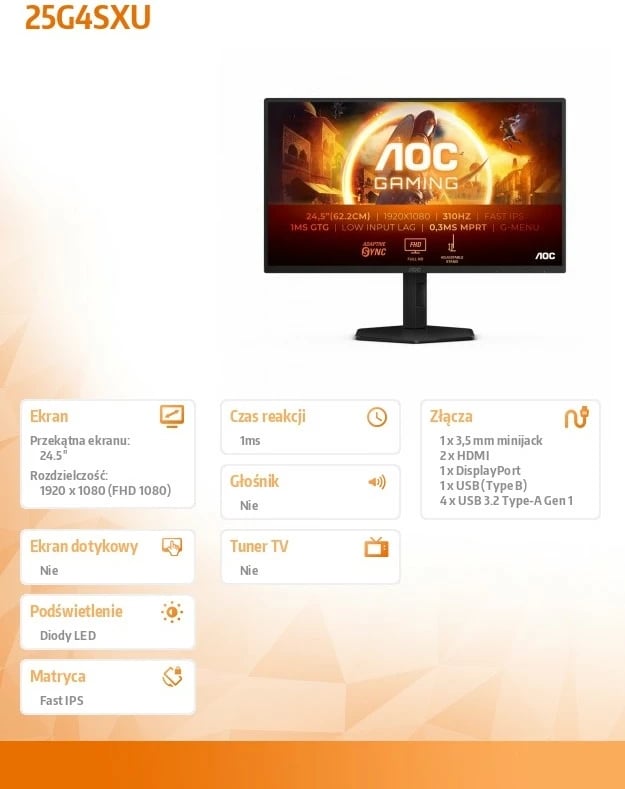Monitor AOC 25G4SXU, 24.5", Fast IPS, 310Hz, FHD, i zi
