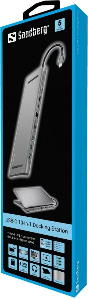 Docking Station Sandberg USB-C 10-in-1, Wired, USB 3.2 Gen 1, 100 W, Aluminium