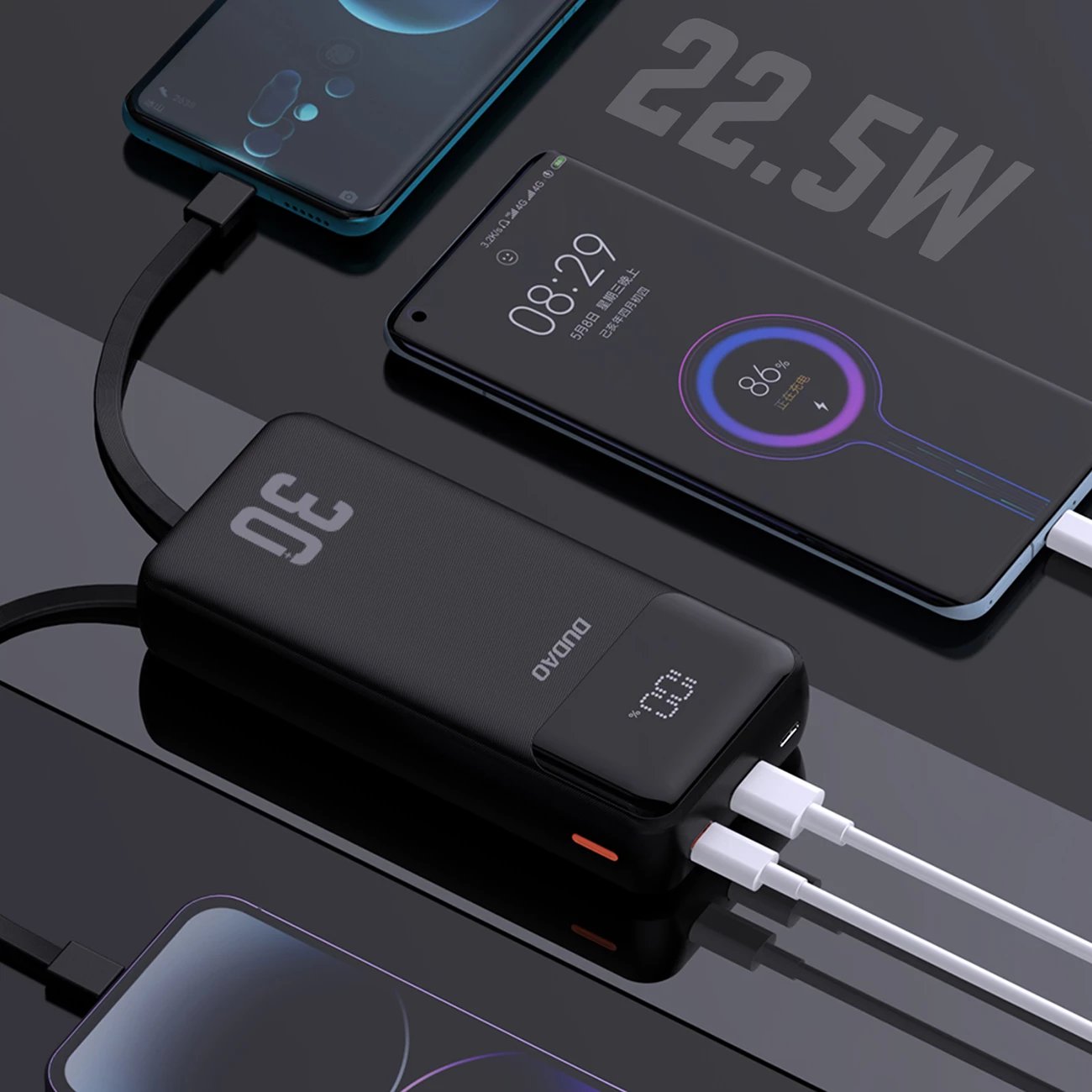 Powerbank Dudao K15MAX, 30000mAh, 22.5W, me kabllo të integruara, e zezë