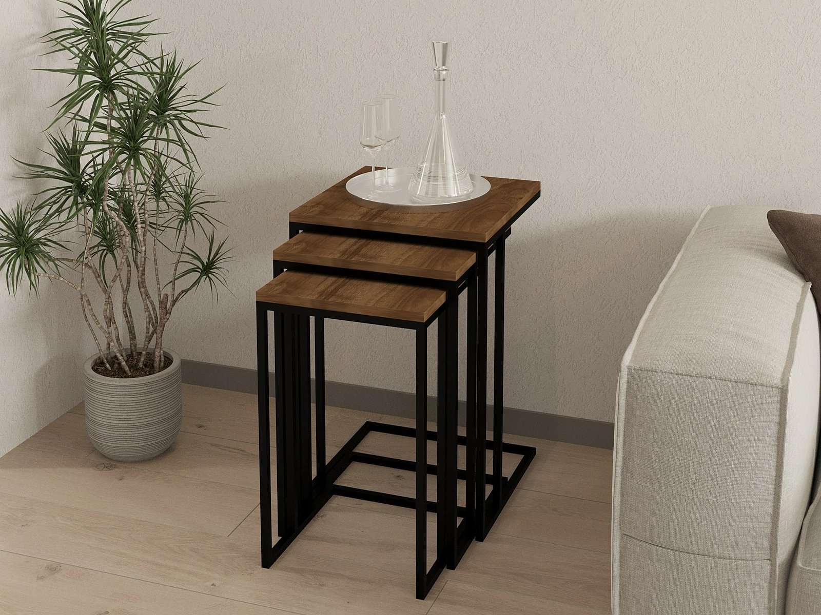 Set tavolinash ndihmëse të mbivendosura, 3 copë, Skye Decor, ngjyrë arre dhe e zezë