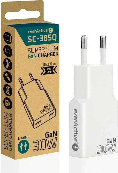 Adapter karikues muri, everActive, SC-385Q, GaN PD 30W, 2x USB-C, super slim, bardhë