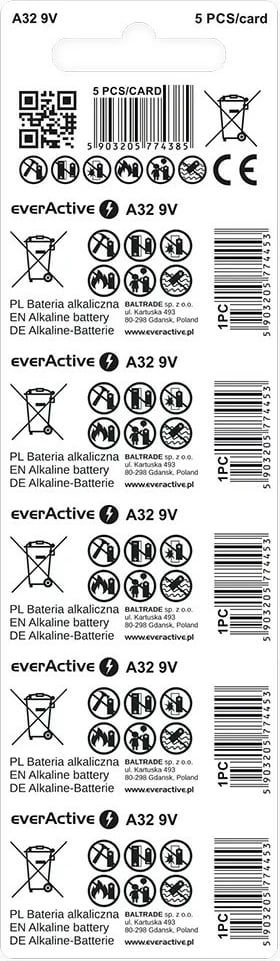 Bateri alkaline everActive A23, 12V, set prej 5 copë
