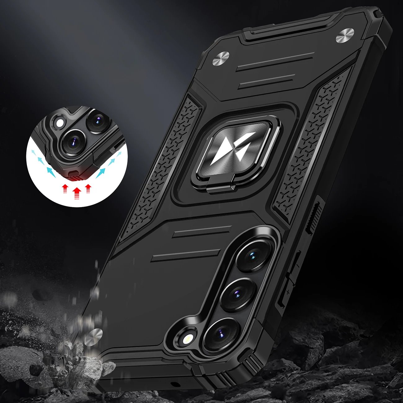 Mbështjellës Wozinsky Ring Armor për Samsung Galaxy S23, me mbajtëse unaze, i zi