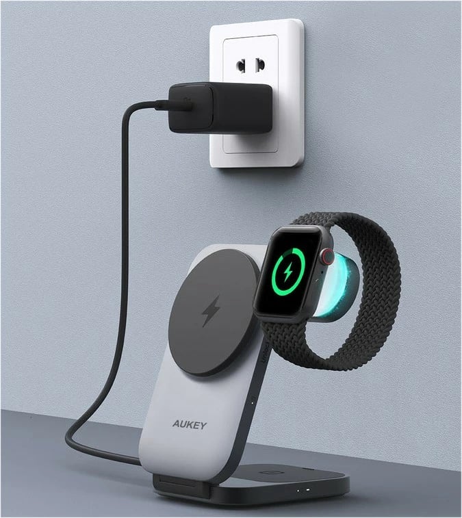 Karikues wireless 3-në-1 AUKEY LC-MC312 MagSafe Qi2, 15W + Karikues PD 30W, Gri, me etui