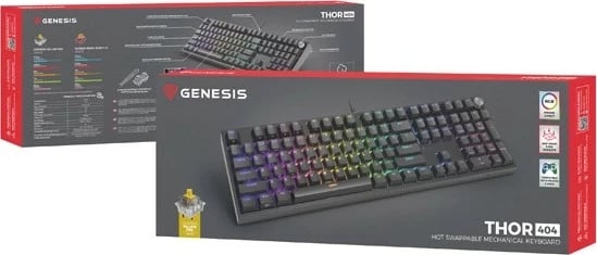 Tastierë mekanike Genesis Thor 404, Gateron Yellow Pro, RGB, full-size, e zezë