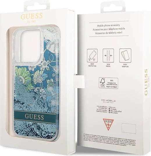 Mbështjellës Guess Flower Liquid Glitter për iPhone 14 Pro Max, Gjelbër