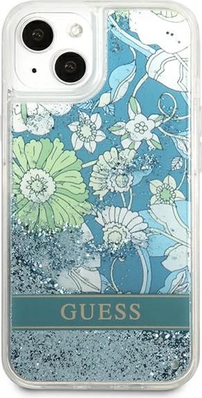Mbështjellës Guess Flower Liquid Glitter për iPhone 13 6.1", i fortë, Gjelbër