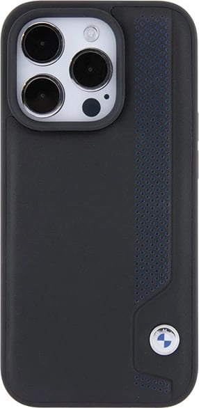 Mbështjellës BMW Leather Blue Dots për iPhone 15 Pro Max, i zi