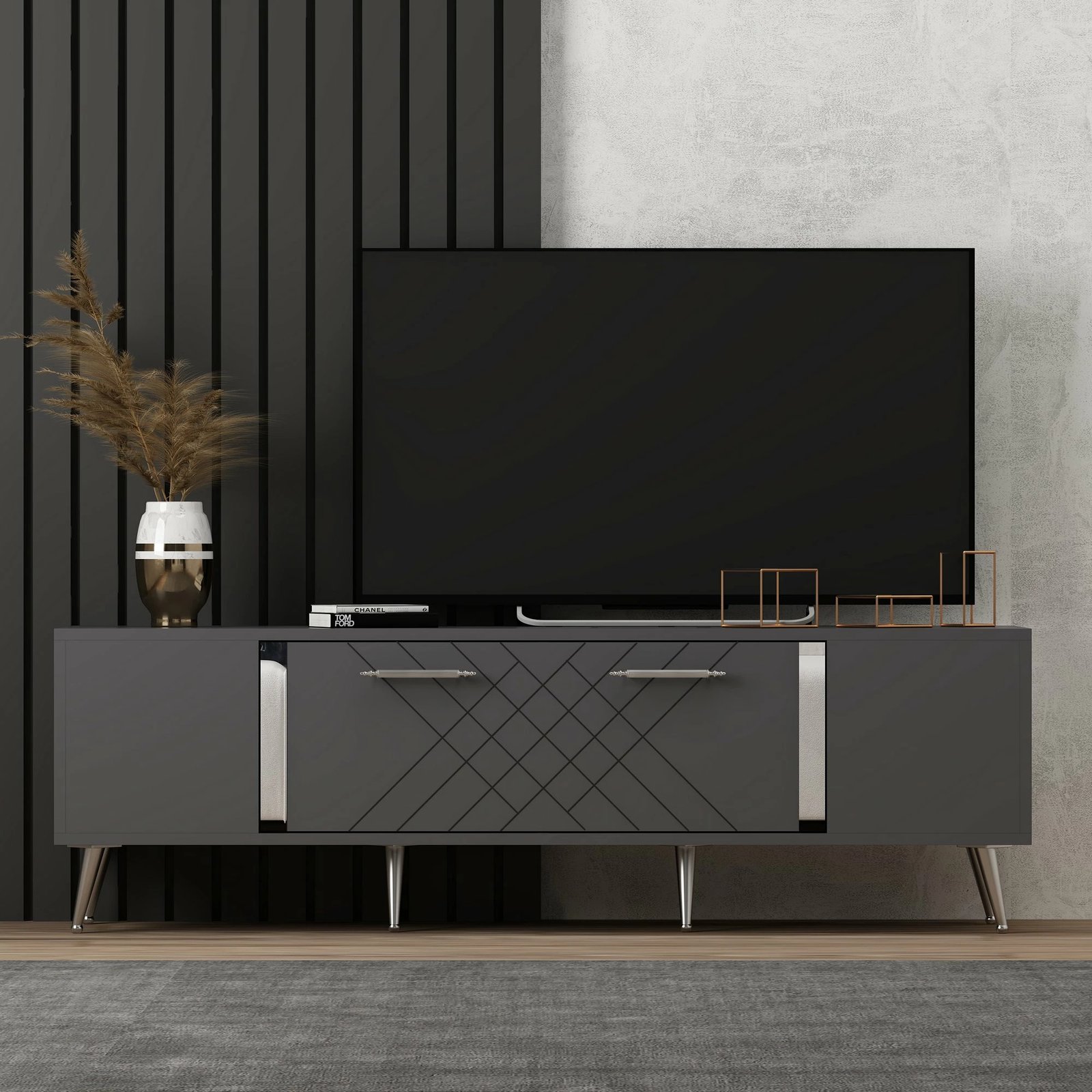 Komodë televizori, ngjyrë antracit dhe argjendi, Skye Decor, Detas