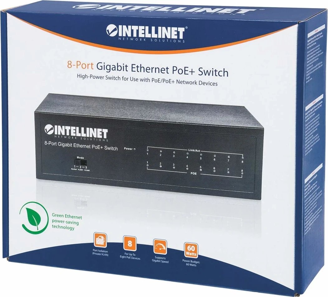 Switch Ethernet Gigabit me 8 Porta Intellinet, PoE+