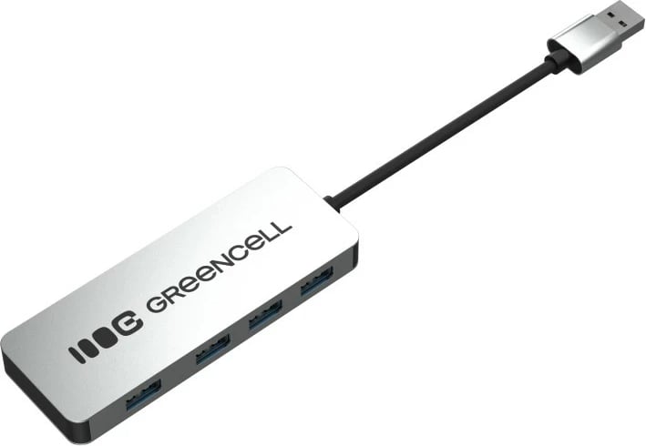 Hub USB-A, Green Cell HUB-GC-A4A, 4x USB 3.0 deri 5 Gb/s, kabëll i integruar 15 cm, kasë alumini, argjend/zi
