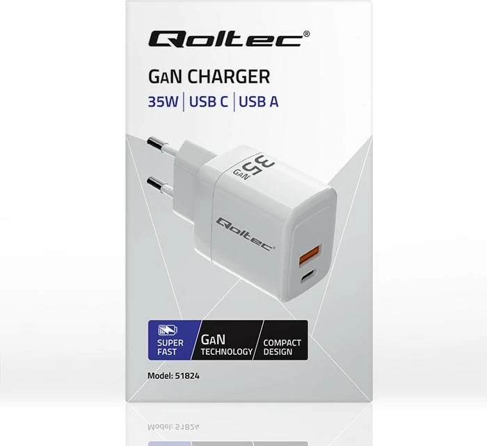 Karikues muri Qoltec 35W GaN, 1x USB-C PD, 1x USB QC 3.0, Bardhë