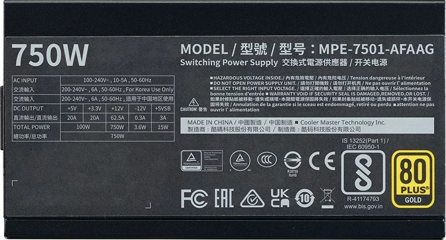 Njësi furnizimi me rrymë Cooler Master MWE Gold 750 V2, 750 W, e zezë
