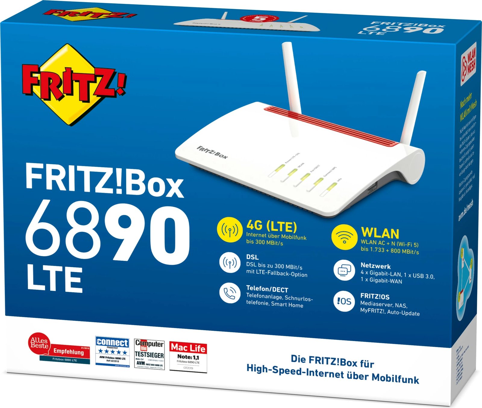 Router tavoline AVM FRITZ!Box 6890 LTE, Wi-Fi 5, Dual-band, Ethernet LAN, 3G, 4G, Zi, Kuq, Bardhë