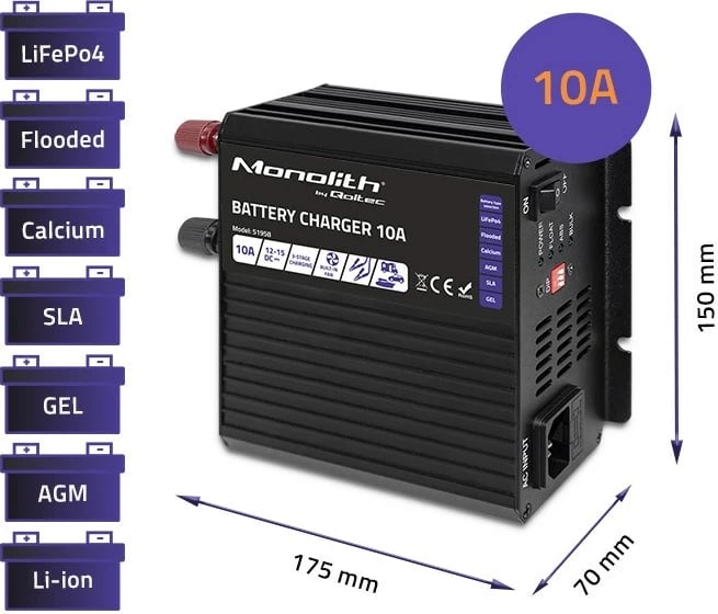Karikues baterie Qoltec 51958 Smart Monolith për LiFePO4 AGM GEL SLA, 10A, 12V