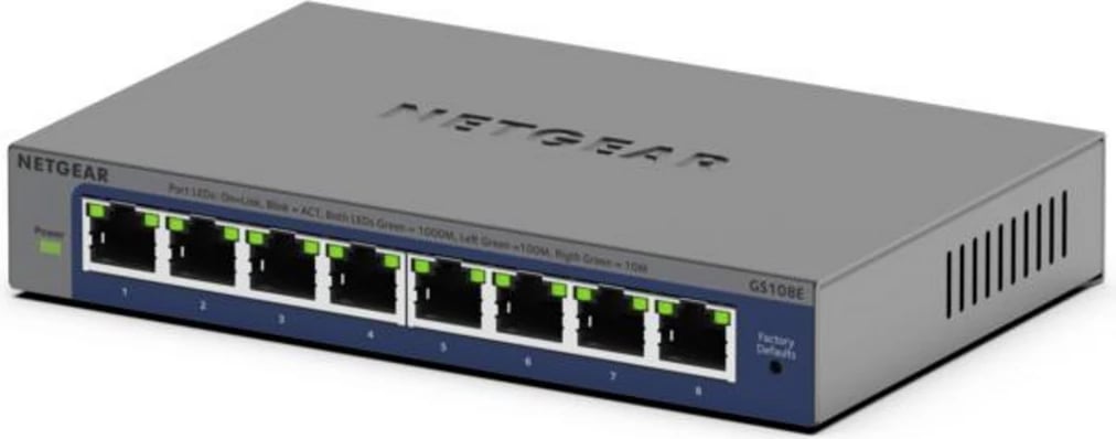 Switch, Netgear, GS108E-400EUS (GS108Ev4), 8 porte Gigabit, Plus, kasë metalike, gri