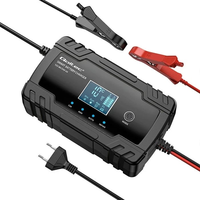 Karikues inteligjent për bateri Qoltec 52490, 12V 8A / 24V 4A, me funksion riparimi, LCD