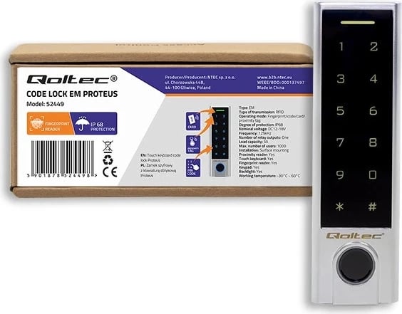 Kyçja me kod Qoltec 52449 PROTEUS, me lexues të gishtërinjve | RFID | Kod | Kartë | çelës fob | Zile | IP68 | EM Kyçja me kod Qoltec 52449 PROTEUS, me lexues të gishtërinjve | RFID | Kod | Kartë | çelës fob | Zile | IP68 | EM