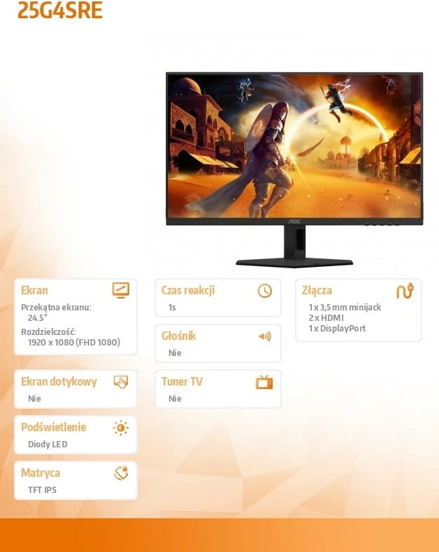 Monitor gaming AOC 25G4SRE, 24.5", Fast IPS, 300Hz, FHD, i zi