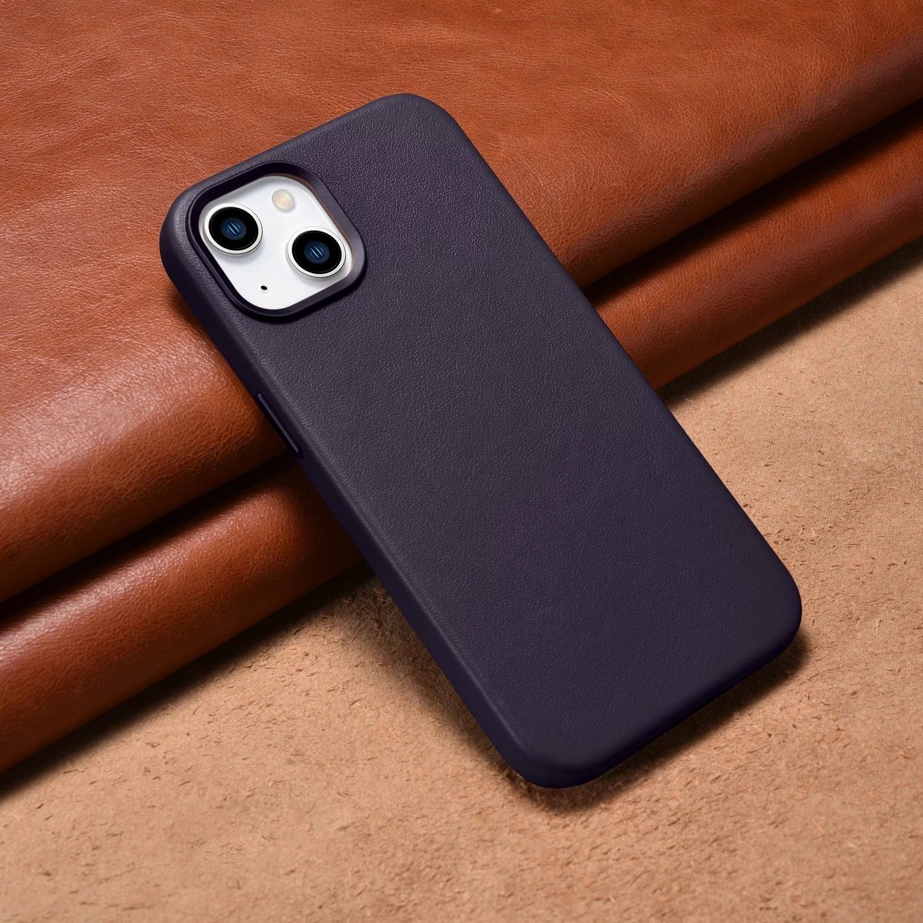 Mbështjellës iCarer për iPhone 14 Plus, lëkurë natyrale, MagSafe, Vjollcë e errët