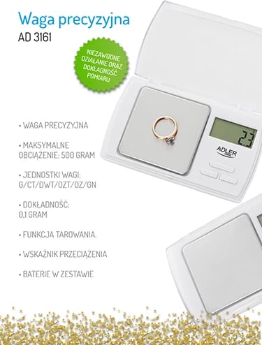 Peshore precize, Adler AD 3161, saktësi 0.1 g, kapacitet 500 g, LCD, me tarrë, me bateri në set