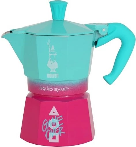 Moka pot Bialetti Moka Express Squid Game, 3 filxhanë, rozë/turkuaz