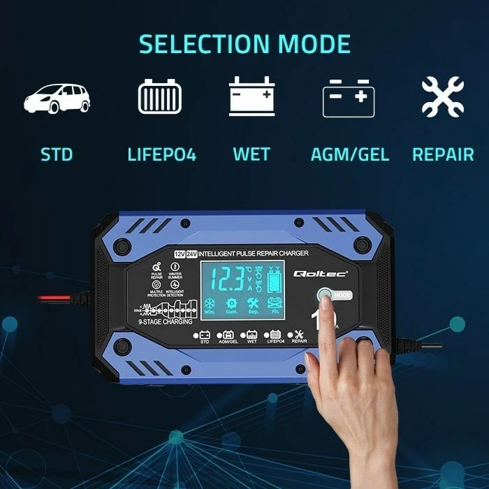 Karikues inteligjent Qoltec 52482, 12-24V, 10A, LCD, Blu
