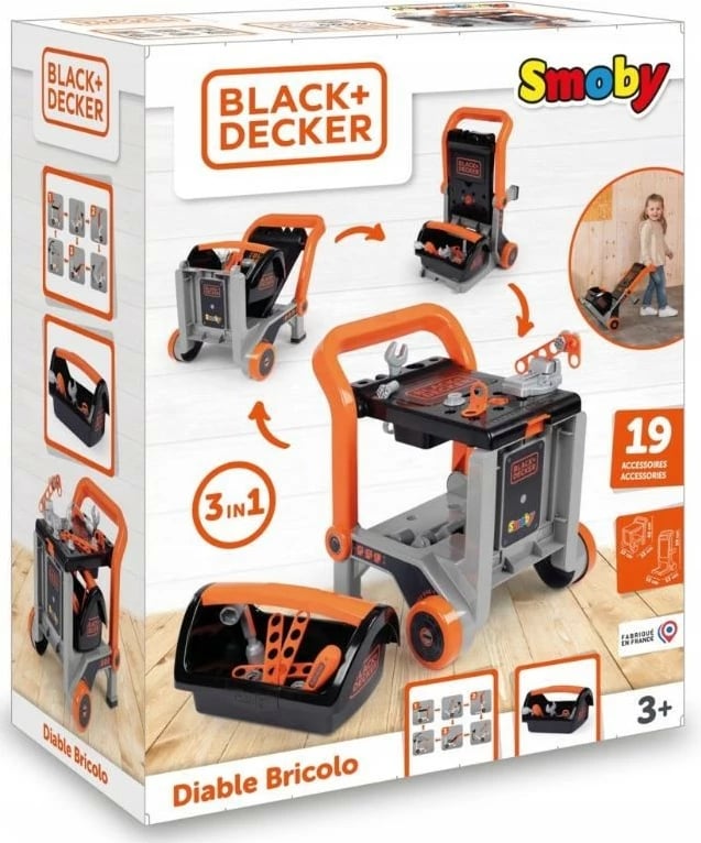 Set lodrash organizues veglash Smoby Black+Decker 3-në-1, 19 aksesorë, për fëmijë, zi/gri/portokalli