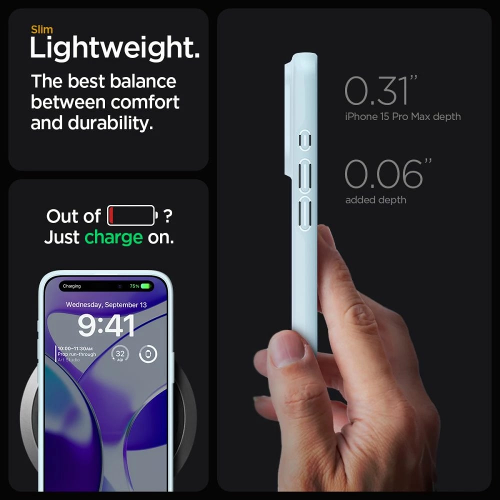 Mbështjellës Spigen Thin Fit për iPhone 15 Pro Max, kaltër e çelët