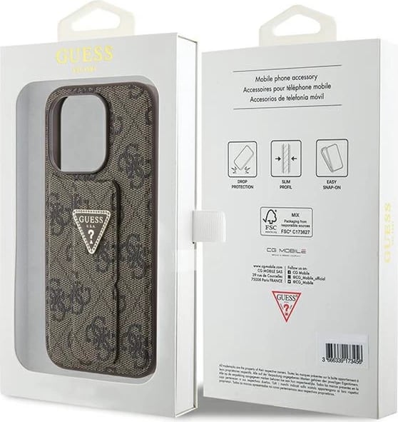 Mbështjellës Guess Grip Stand 4G Triangle Strass për iPhone 15 Pro, kafe