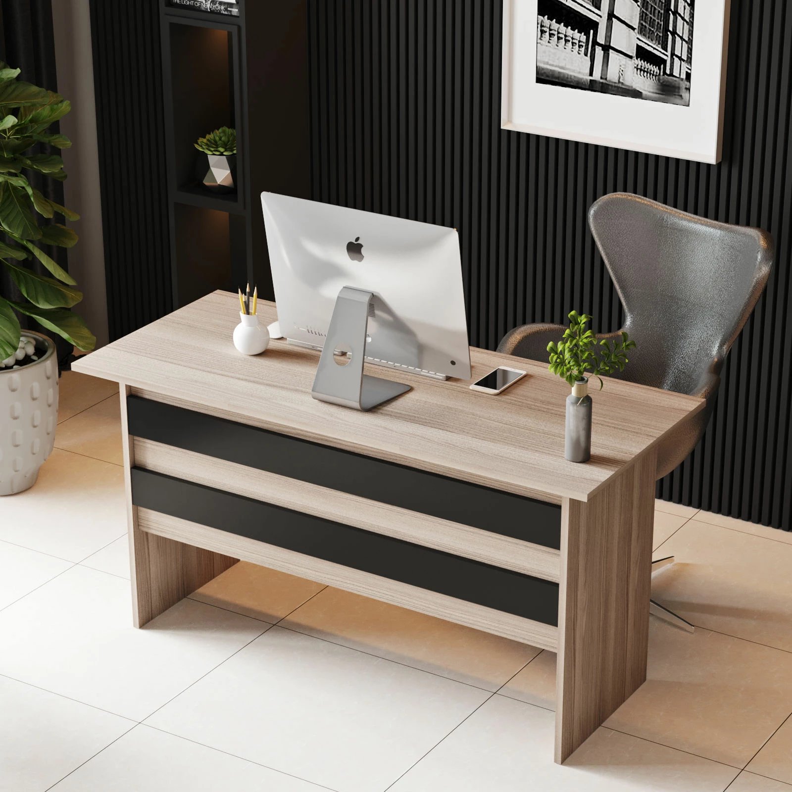 Set mobiljesh për zyre, Skye Decor, VO13-OB, ngjyrë lis dhe e zezë