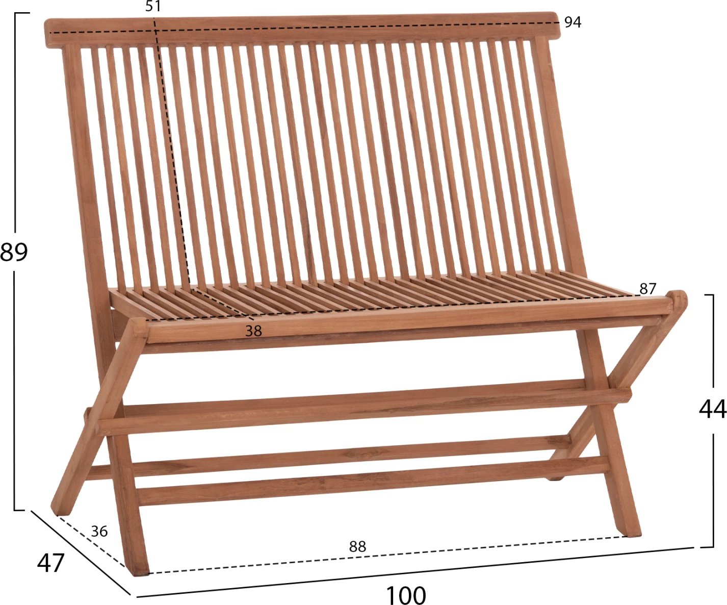 Bankë palosëse KENDALL, dru tik natyral, 100x47x89cm