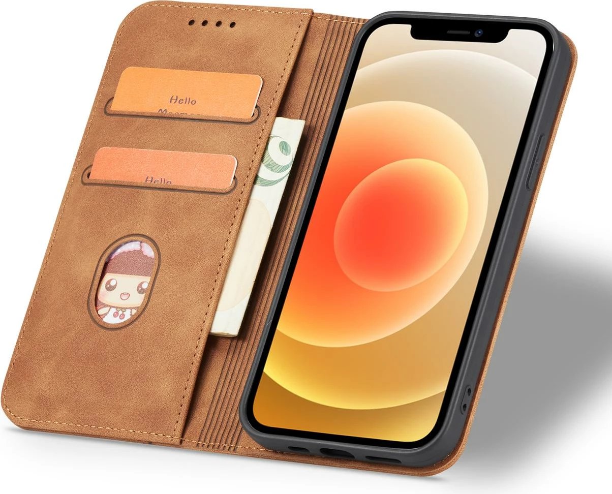 Mbështjellës Hurtel Magnet Fancy Case për iPhone 12 Pro Max, me portofol dhe mbajtëse, Kafe