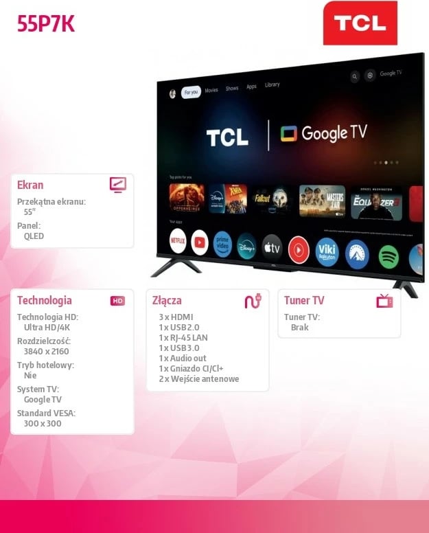 Televizor Smart TCL 55P7K, 55", QLED, Ultra HD 4K, Google TV