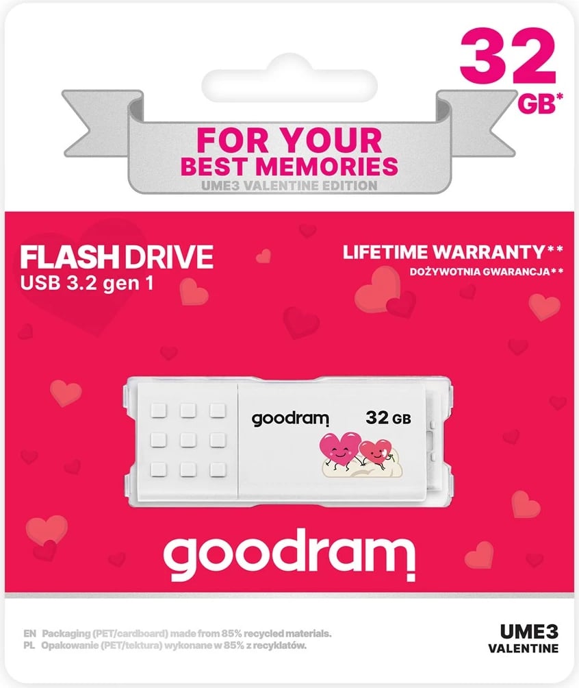 USB Goodram UME3 Valentine 32 GB, USB Type-A 3.2 Gen 1, Bardhë