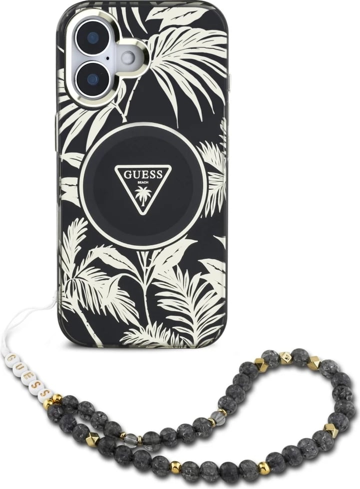 Mbështjellës Guess Palm Trees Triangle Pearl Strap MagSafe për iPhone 16, i zi