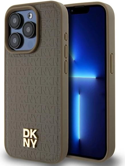 Mbështjellës DKNY Leather Pattern Metal Logo MagSafe për iPhone 15 Pro Max, kafe
