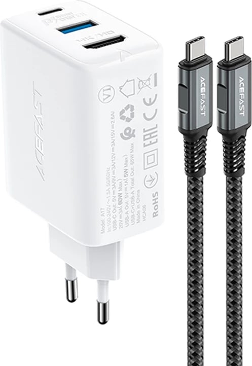 Karikues 2-në-1 Acefast A17, 65W, USB Type C/USB-A, HDMI 4K, me kabllo, Bardhë