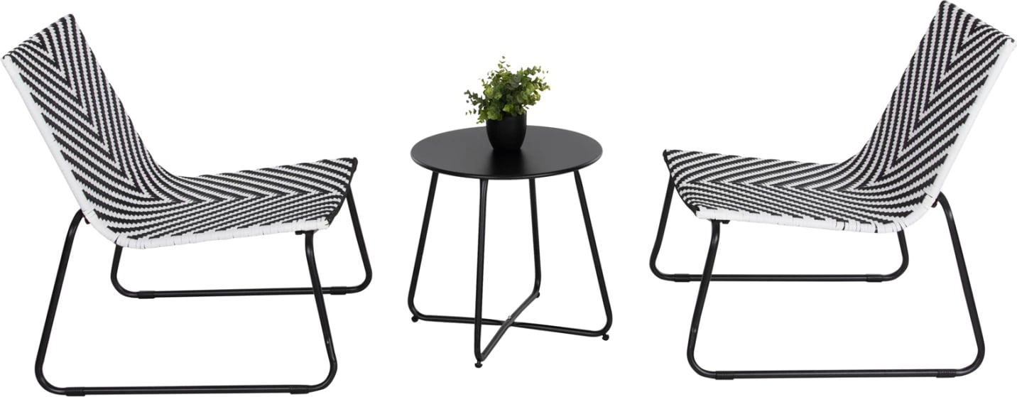 Set salloni për jashtë PONY, FH6081, tavolinë kafeje metalike, 2 karrige, ratan sintetik, zi-bardhë