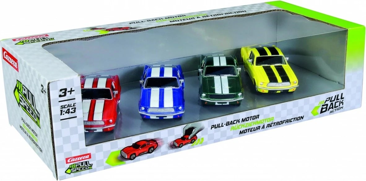 Set vetura lodër Carrera Ford Mustang '67, 1:43, 4 copë, shumëngjyrëshe